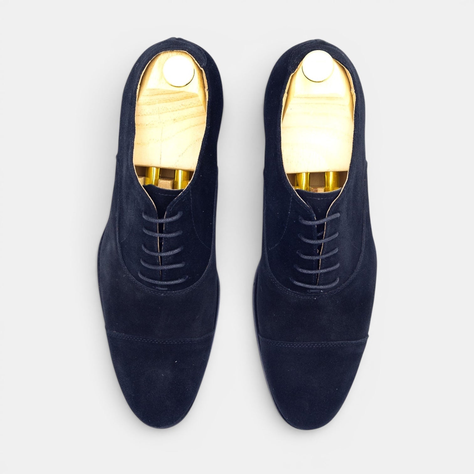 Barcon Getta Inc HAKIM midnight navy black suede cap toe Oxford dress shoes with wood shoe trees.