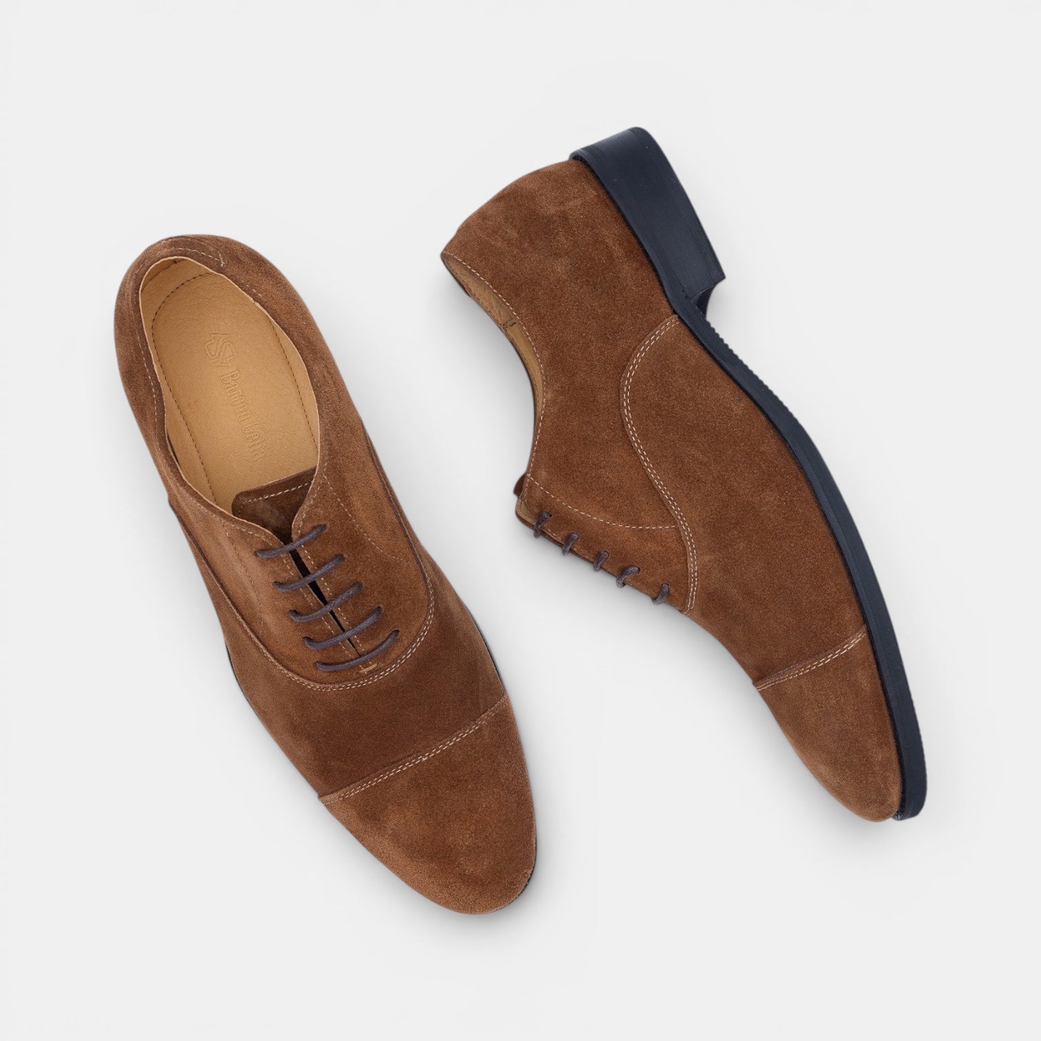 Barcon Getta Inc HAKIM warm tan cognac suede cap toe Oxford dress shoes with closed lacing and mahogany sole.