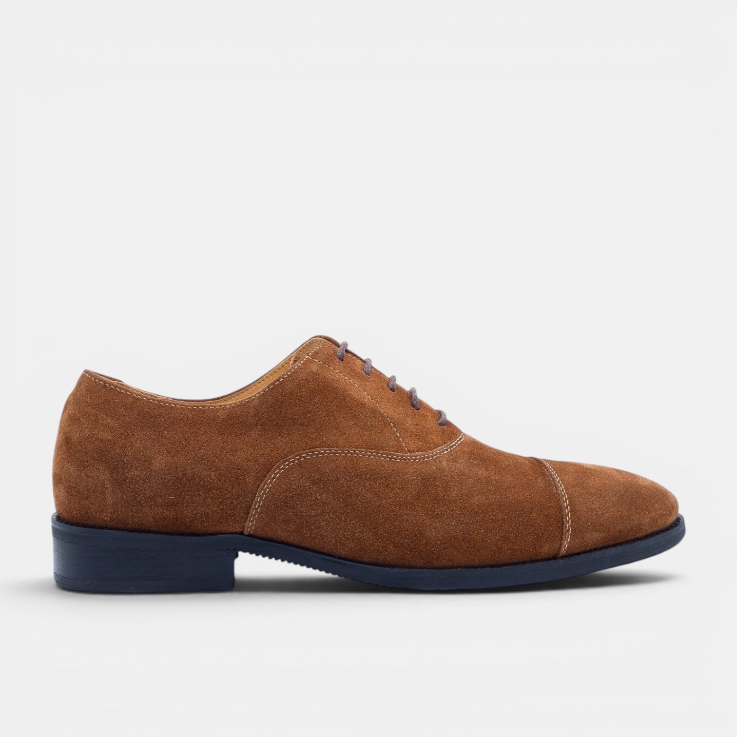 Barcon Getta Inc HAKIM warm tan cognac suede cap toe Oxford dress shoes with navy sole.