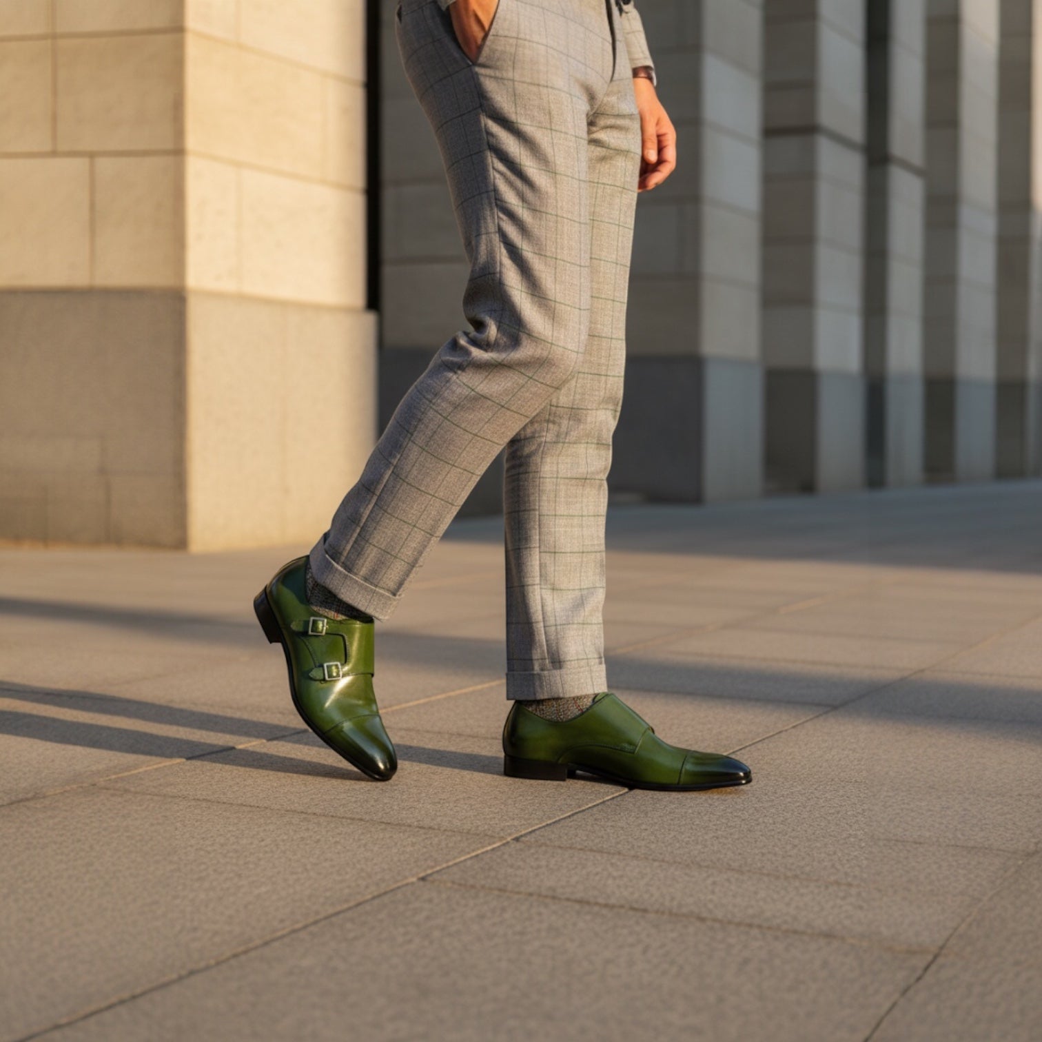 Barcon Getta Inc HARARE olive green full grain leather double monk strap dress shoes with silver buckles and pointed toe.