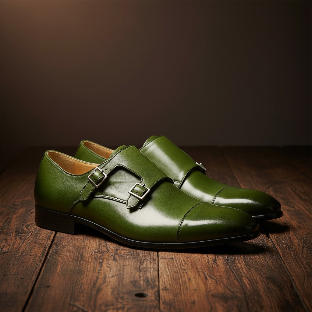 Barcon Getta Inc HARARE olive green full grain leather double monk strap dress shoes with silver buckles.