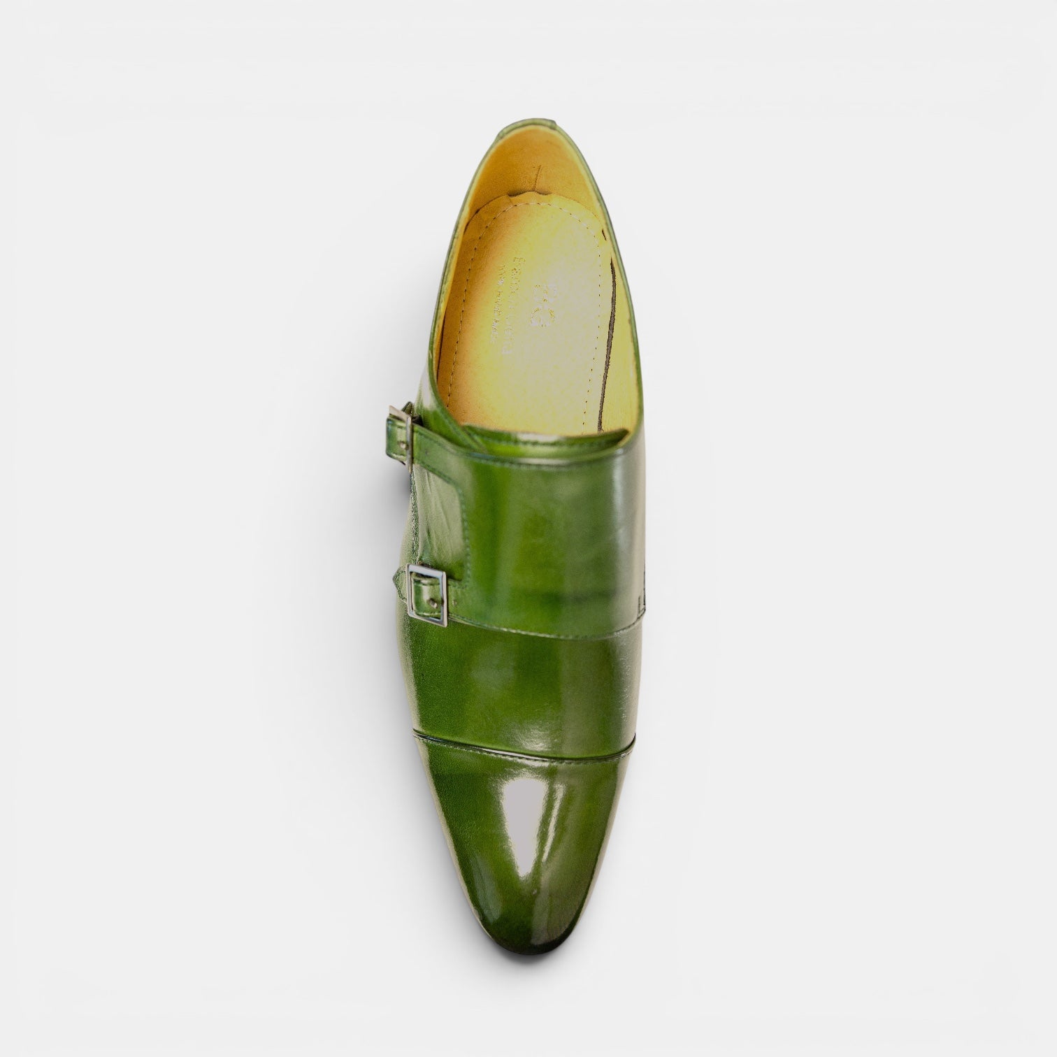 Barcon Getta Inc HARARE olive green full grain leather double monk strap dress shoes with silver buckles.