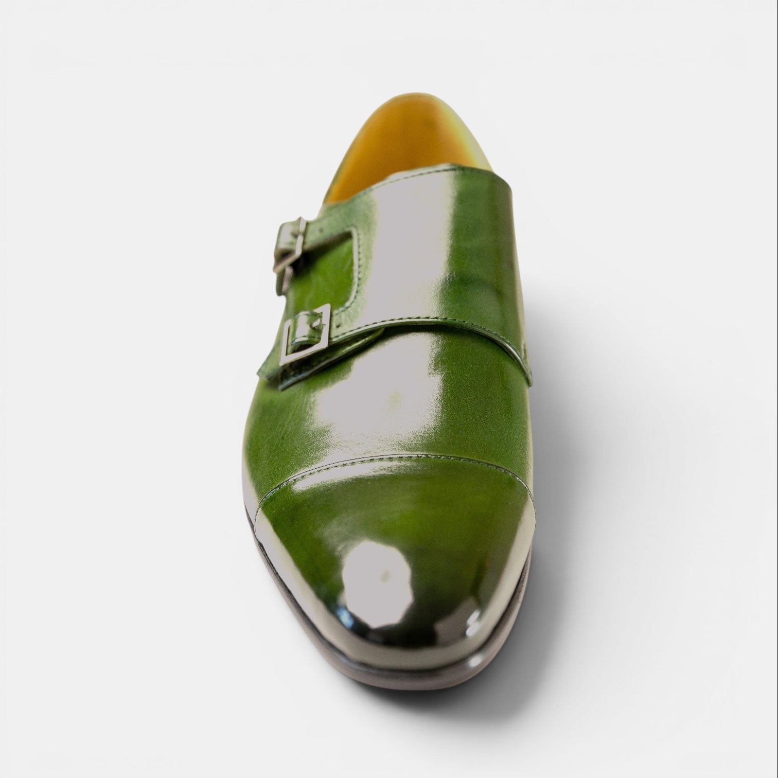 Barcon Getta Inc HARARE olive green full grain leather double monk strap dress shoes with silver buckles.