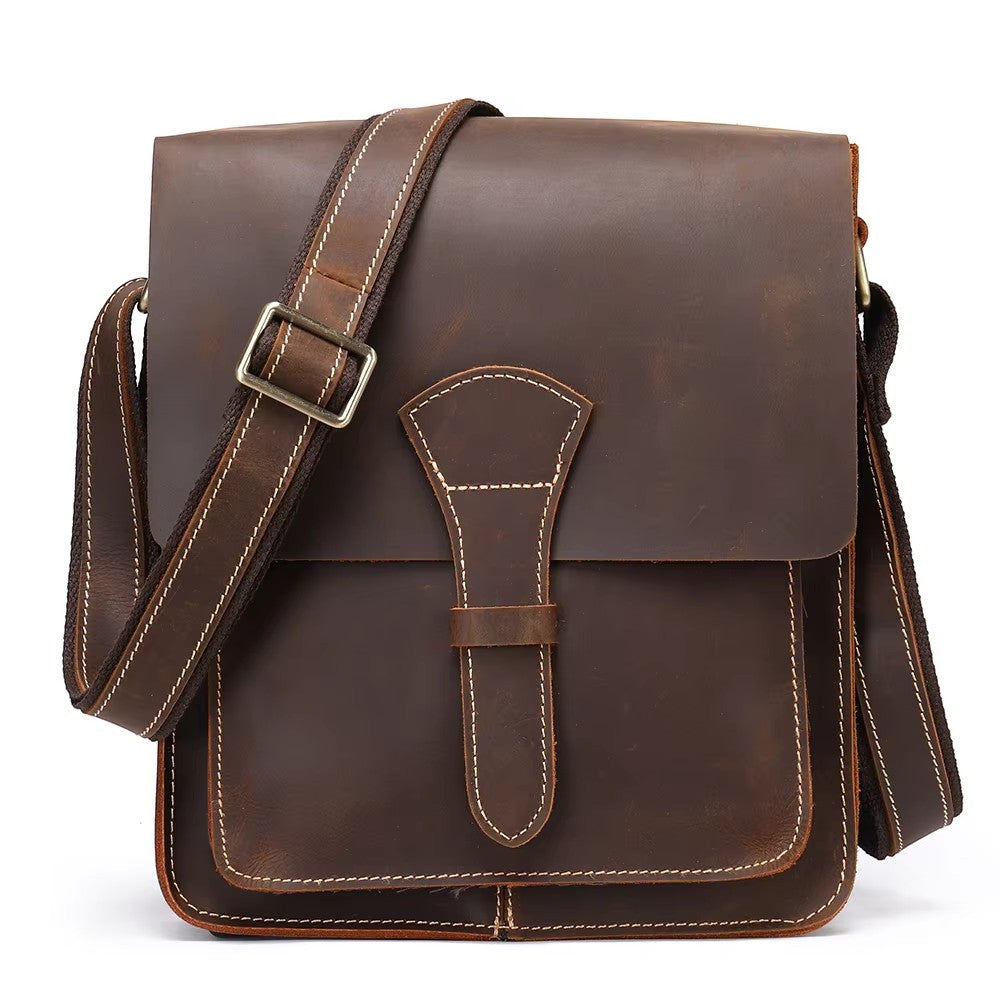 Barcon Getta Inc HARBORSIDE dark brown full grain leather shoulder bag with adjustable strap and front flap pocket.