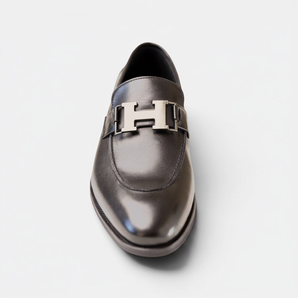 Barcon Getta Inc HARER dark charcoal full-grain leather horsebit loafer with gunmetal hardware.