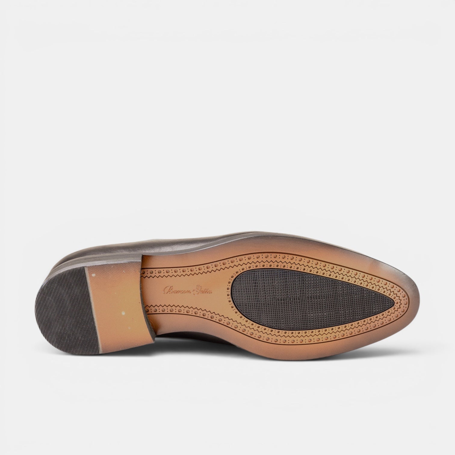 Barcon Getta Inc IFE whole-cut Oxford dress shoes in charcoal graphite leather. View of the sole with branding and rubber heel pad.