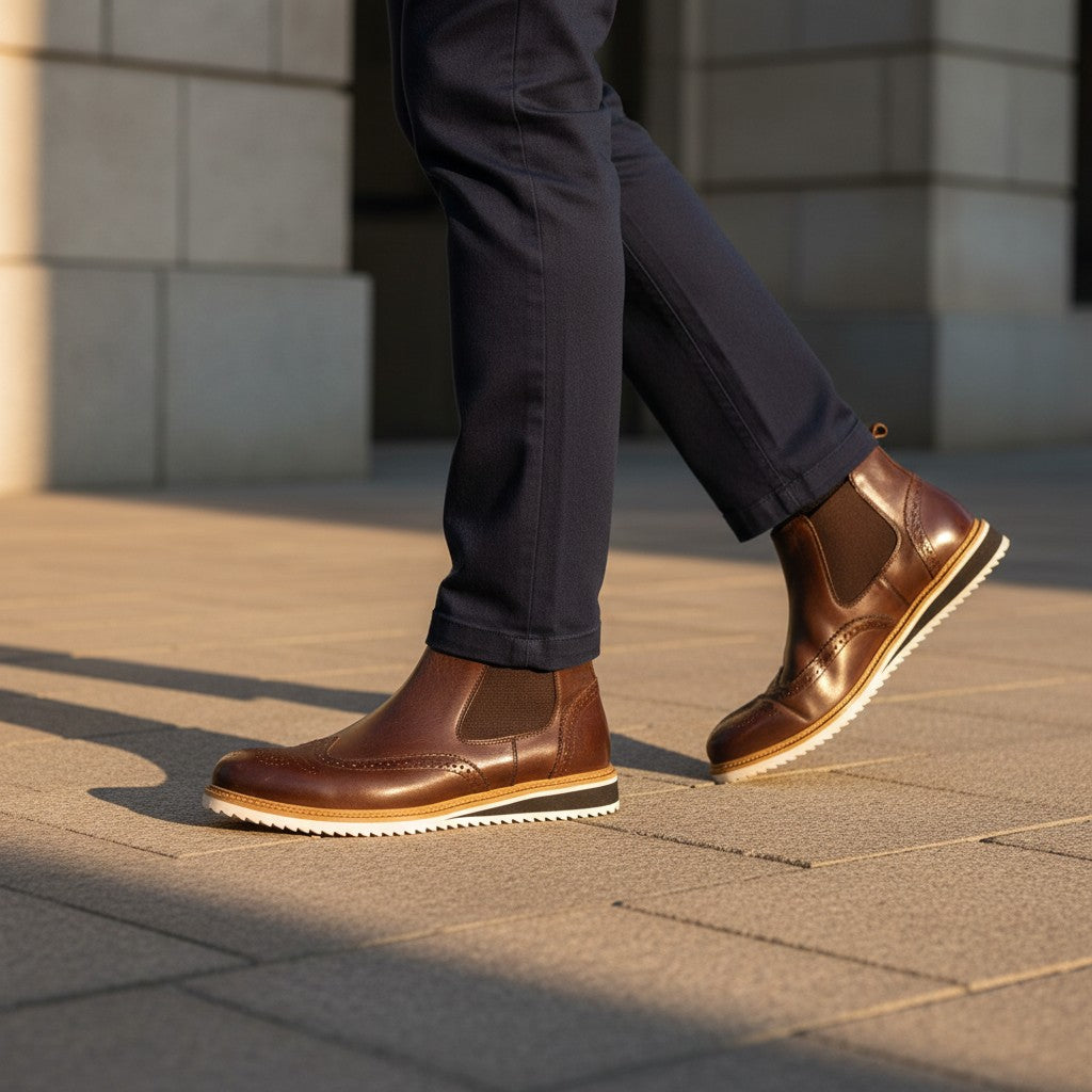Barcon Getta Inc Johannesburg brown full grain leather wingtip chelsea boots with elastic side panels and serrated sole.