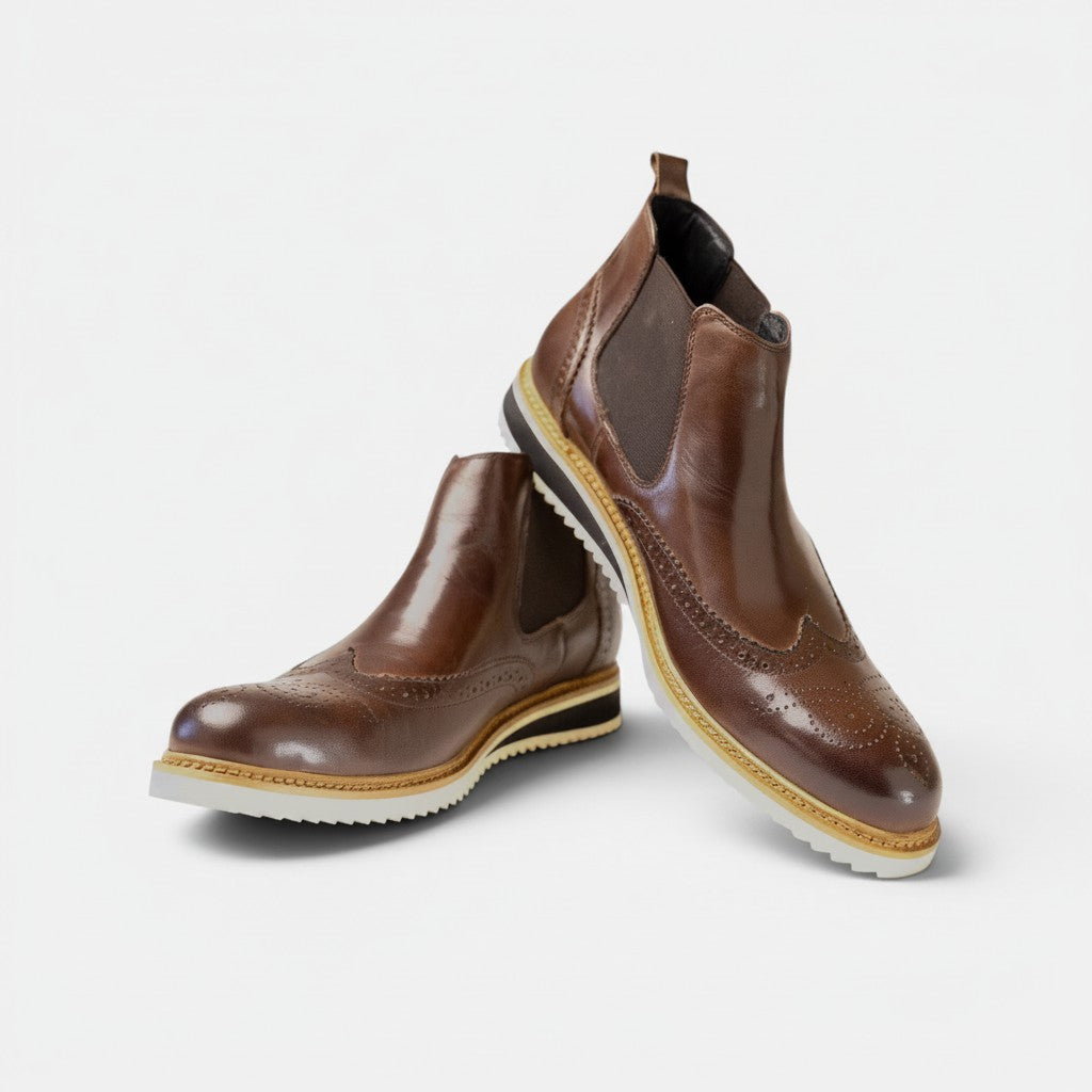 Barcon Getta Inc Johannesburg brown leather wingtip chelsea boots with elastic side panels and brogue detailing.