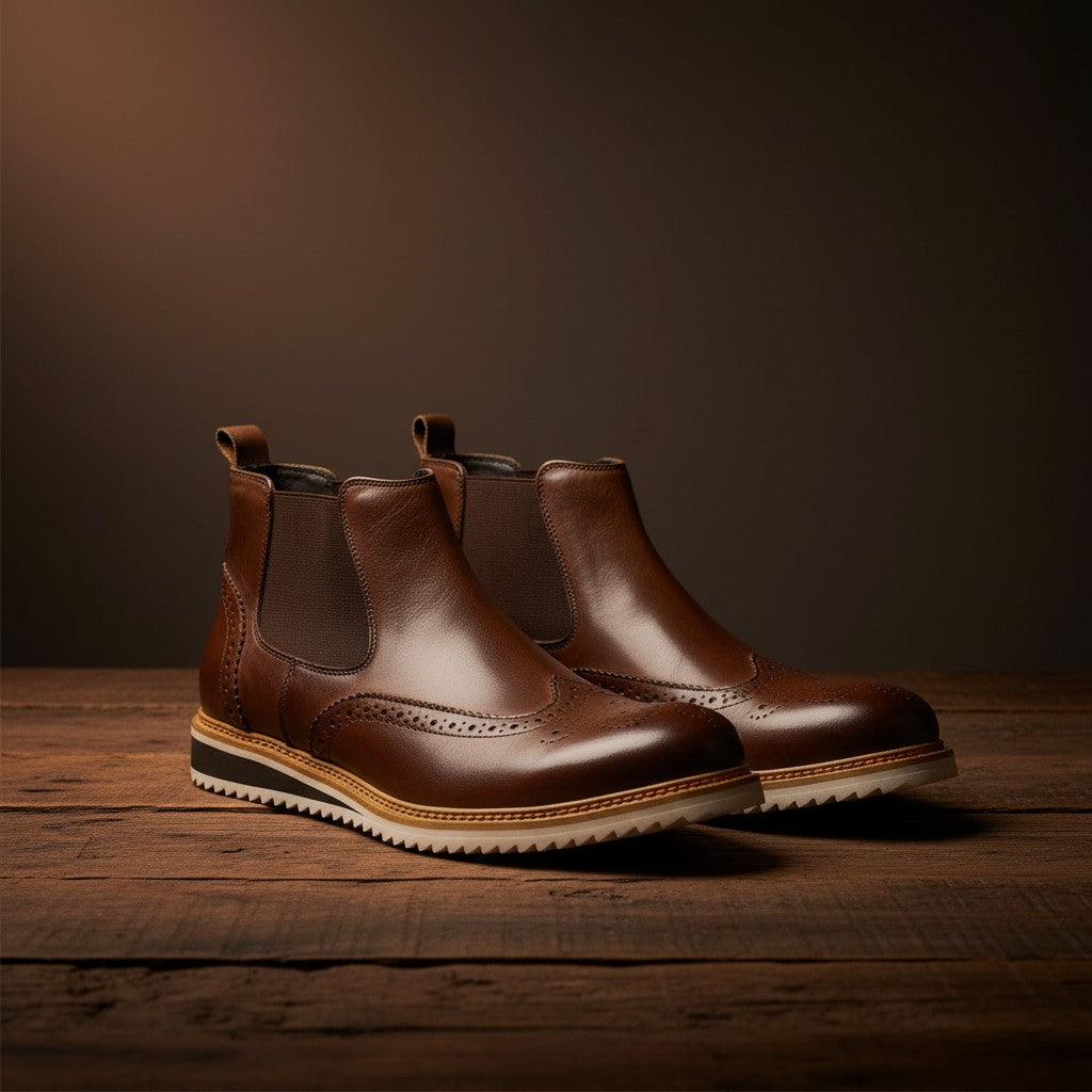 Barcon Getta Inc Johannesburg brown leather wingtip chelsea boots with elastic side panels and a white lug sole.
