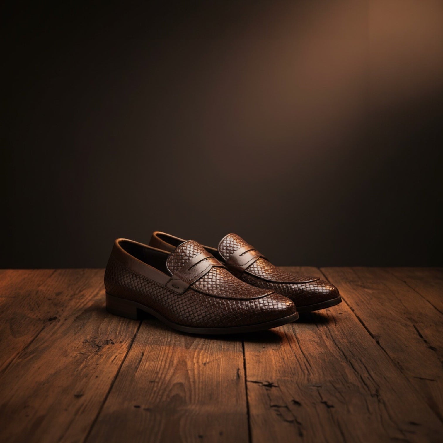 Barcon Getta Inc KEREN hand-woven full-grain leather penny loafers in burnished tan/brown with a smooth leather strap.