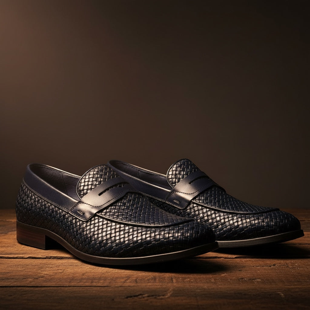 Barcon Getta Inc KEREN navy blue hand-woven full-grain leather penny loafers with smooth leather strap.