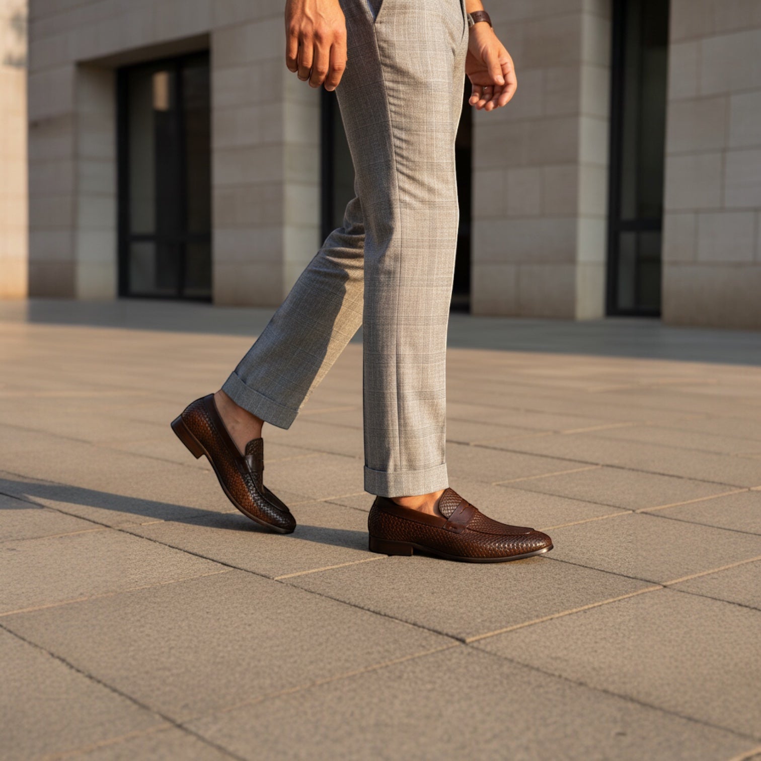 Barcon Getta Inc KEREN woven penny loafers in burnished tan full-grain leather with a smooth leather strap.