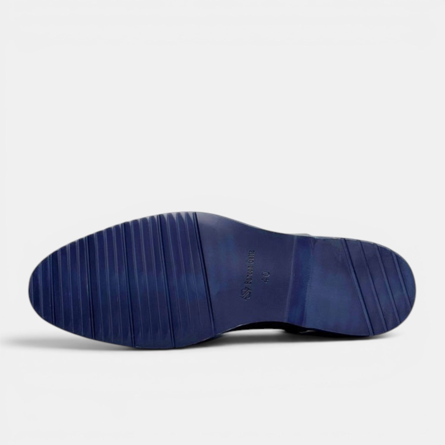 Barcon Getta Inc KIGALI Oxford dress shoes in black with a navy blue rubber sole and ribbed tread.