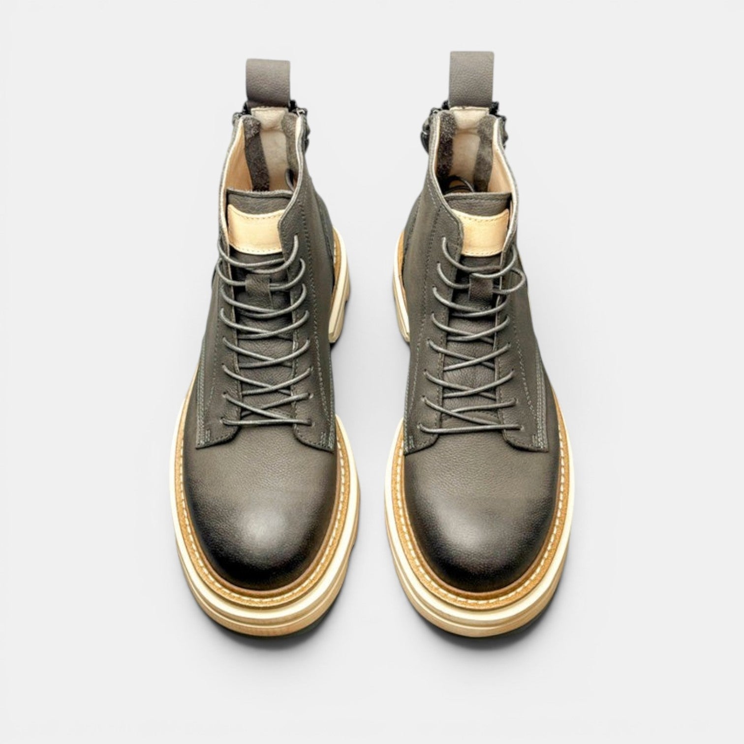 Barcon Getta Inc KILIMANJARO grey leather lace-up boots with chunky sole and side zip.