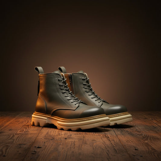 Barcon Getta Inc Kilimanjaro grey full grain Ethiopian leather lace-up combat boots with side zip and chunky sole.