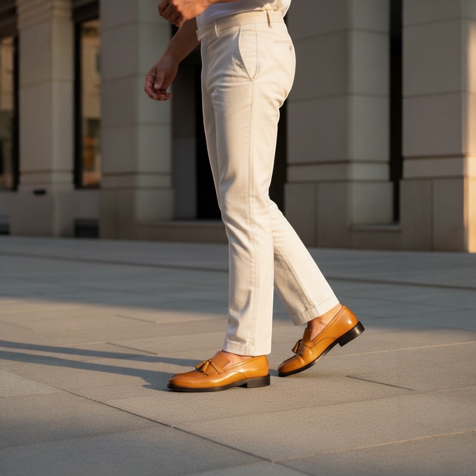 Barcon Getta Inc KUMASSI mustard full-grain leather tassel loafers with apron toe and stacked heel.