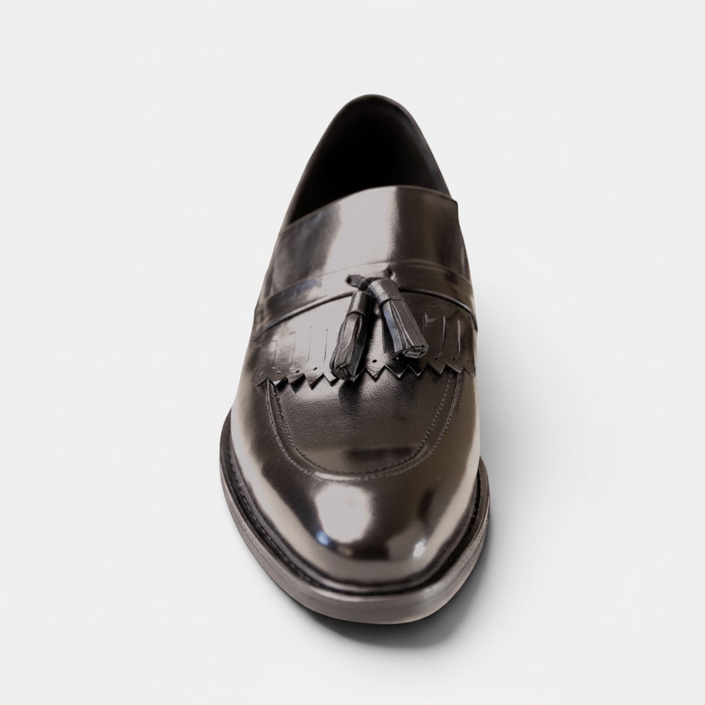 Barcon Getta Inc KUMASSI tassel loafer in high-polish espresso brown full-grain leather with apron toe and stacked heel.