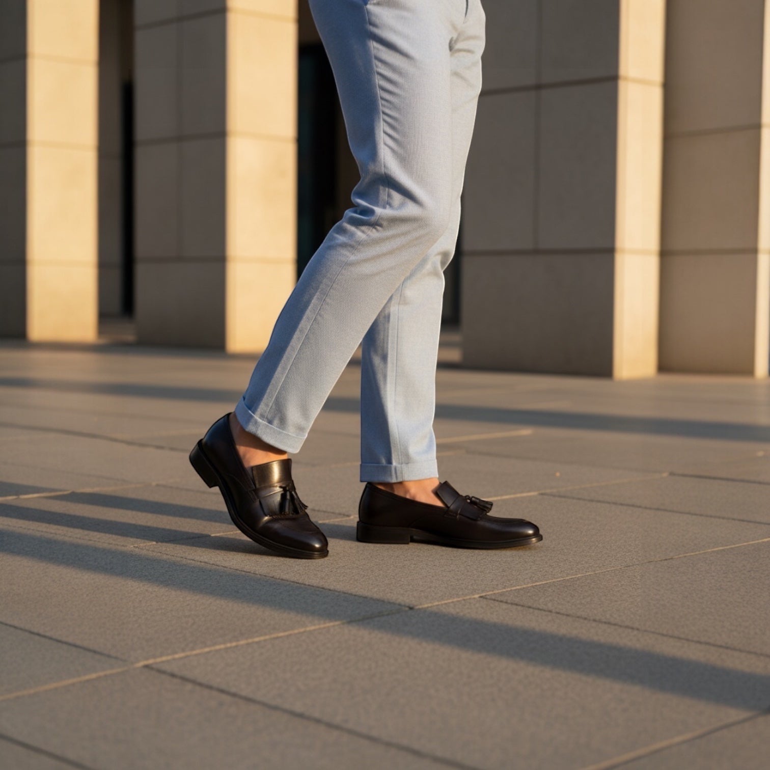 Barcon Getta Inc KUMASSI espresso brown full-grain leather tassel loafers with apron toe and stacked heel.