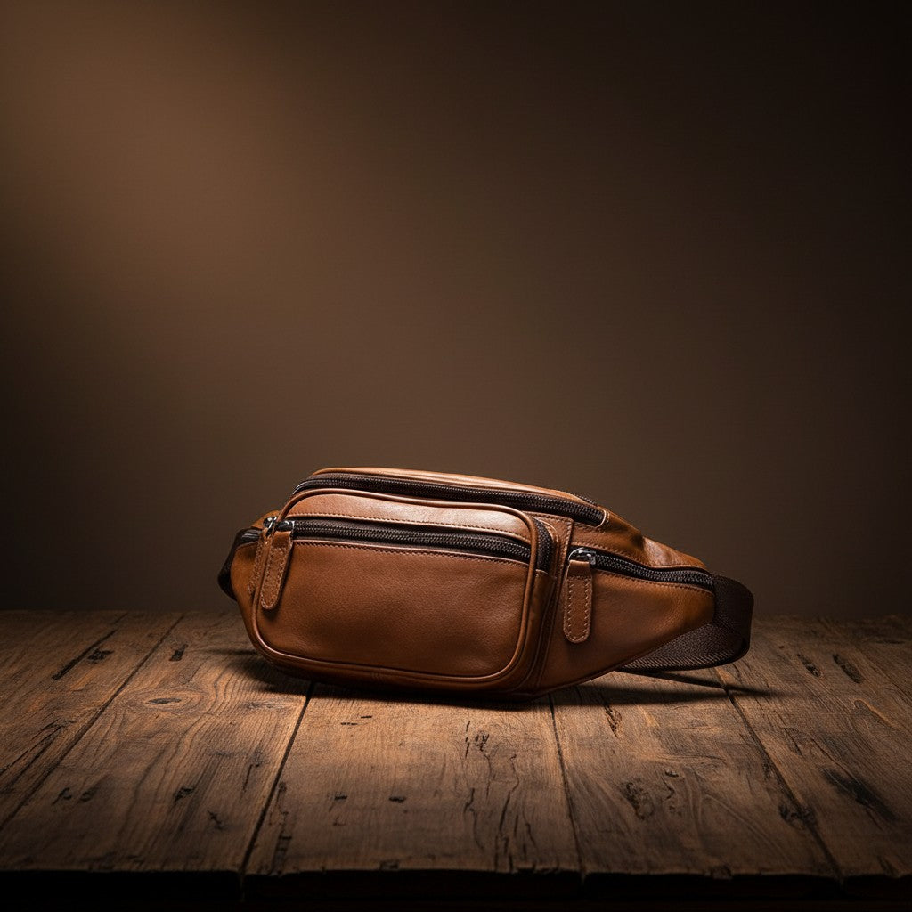 Barcon Getta Inc LAMU fanny bag in tan full grain leather with multiple zipper pockets and adjustable strap.