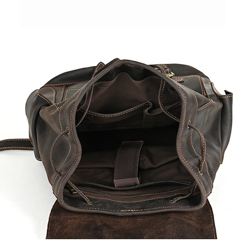 Barcon Getta Inc ANKELBA BP-1418 dark brown handmade full grain leather backpack with multiple interior pockets and breathable straps.