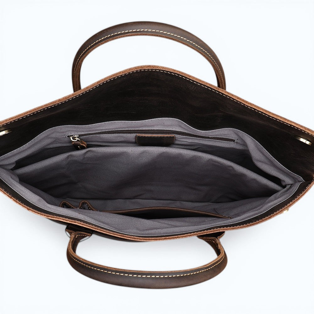 Barcon Getta Inc dark brown full grain leather briefcase with multiple compartments and laptop sleeve.