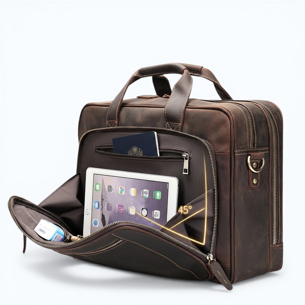Barcon Getta Inc dark brown leather briefcase with extra wide front pocket, fits up to 17" laptop.