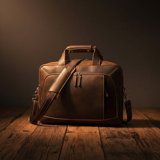 Barcon Getta Inc dark brown 100% Ethiopian leather briefcase with multiple pockets and a detachable shoulder strap.