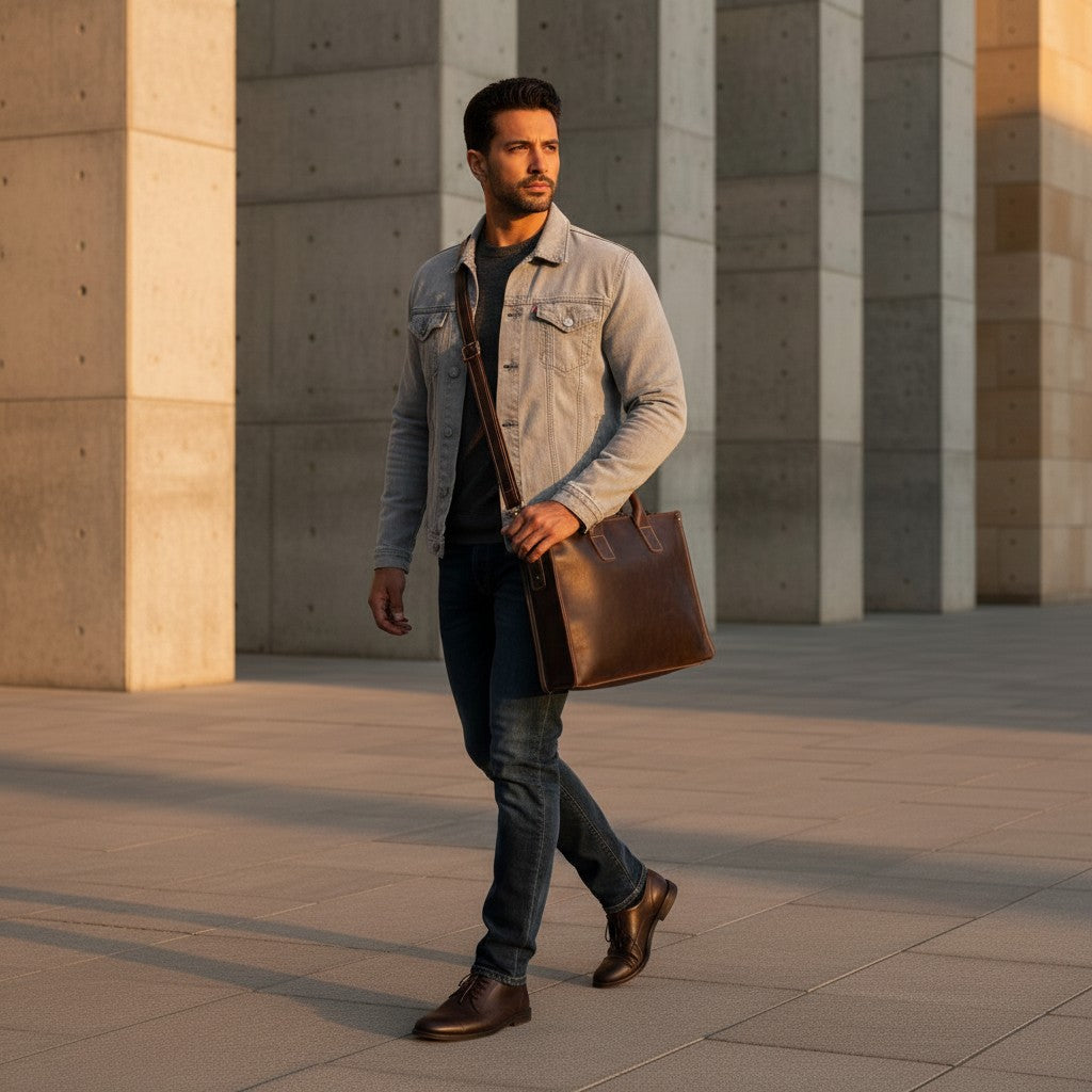 Barcon Getta Inc The Mission Brief dark brown leather briefcase with adjustable strap, fits up to 15" laptop.