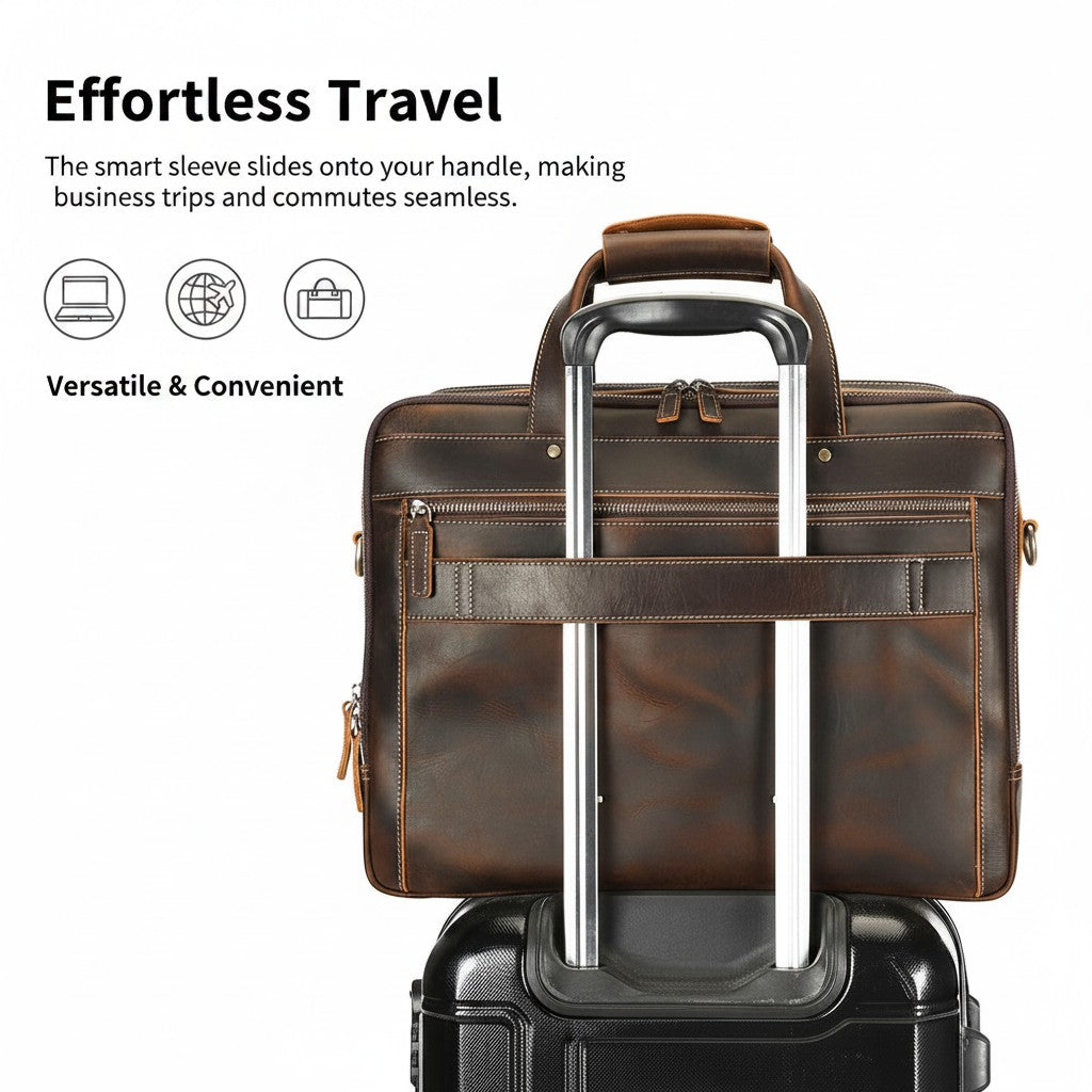 Barcon Getta Inc dark brown 100% Ethiopian leather briefcase with multiple pockets and trolley strap, fits up to 16" laptop.
