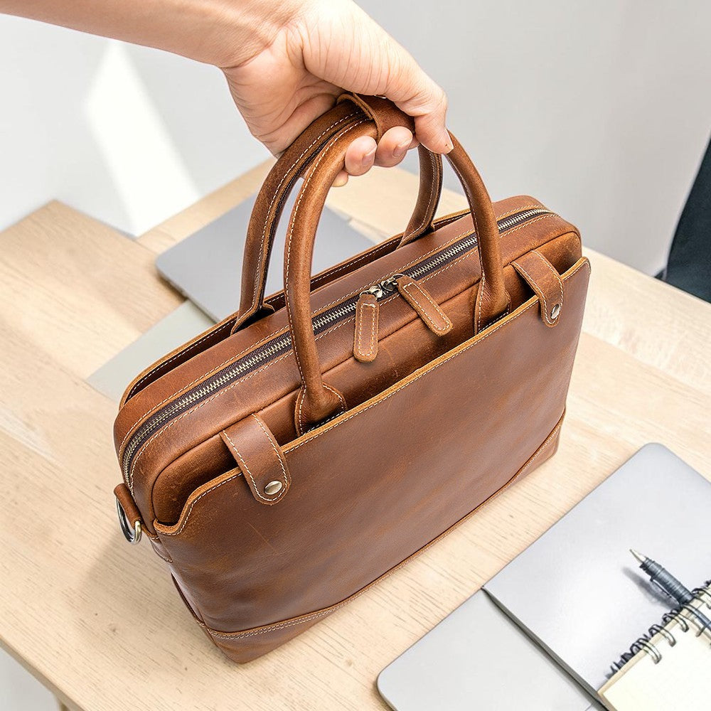 Barcon Getta Inc brown leather briefcase, handmade from Ethiopian leather, fits up to 17" laptop.