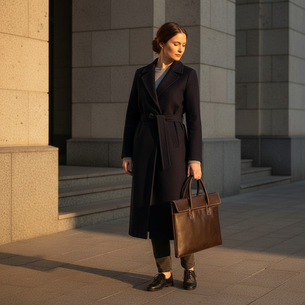 Barcon Getta Inc dark brown handmade Ethiopian leather briefcase with laptop compartment and multiple pockets.