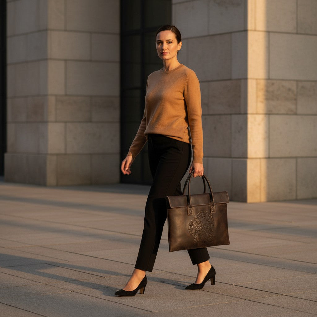 Barcon Getta Inc dark brown full grain leather briefcase with embossed Native American chief design, fits up to 16" laptop.