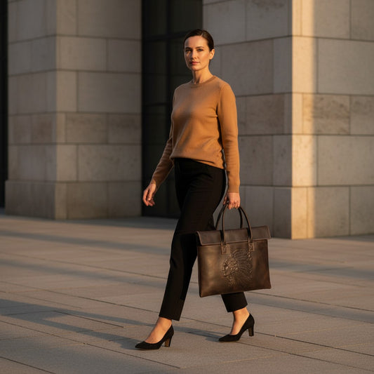 Barcon Getta Inc dark brown full grain leather briefcase with embossed Native American chief design, fits up to 16" laptop.