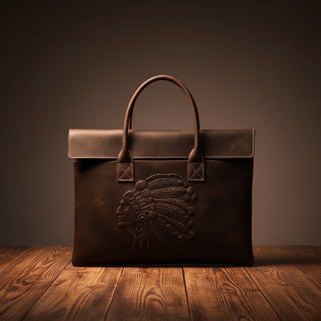 Barcon Getta Inc dark brown full grain leather briefcase with embossed Native American chief design, top handles, and laptop compartment.