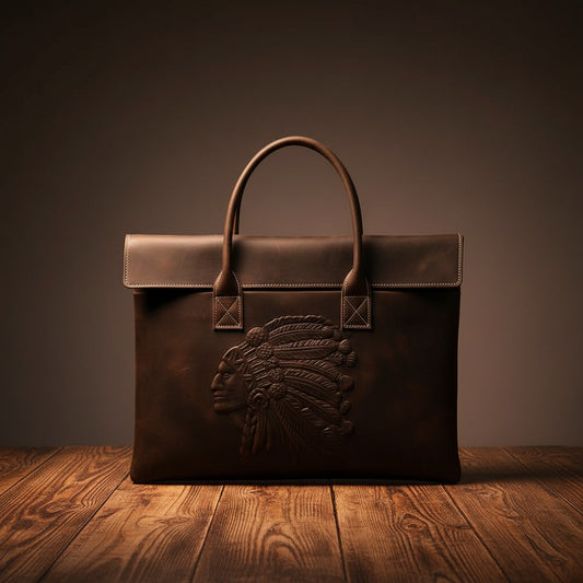 Barcon Getta Inc dark brown full grain leather briefcase with embossed Native American chief design, top handles, and laptop compartment.