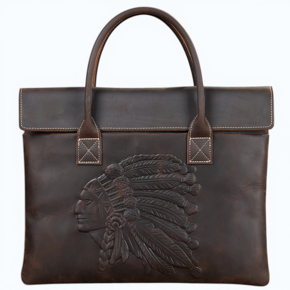 Barcon Getta Inc dark brown full grain leather briefcase with embossed Native American chief design and top handles.
