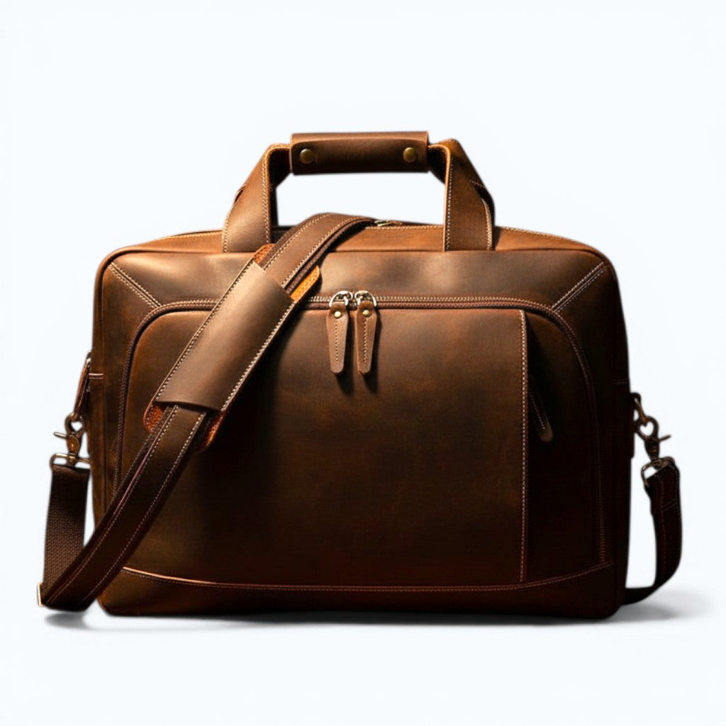 Barcon Getta Inc dark brown 100% Ethiopian leather briefcase with multiple pockets and a detachable shoulder strap.