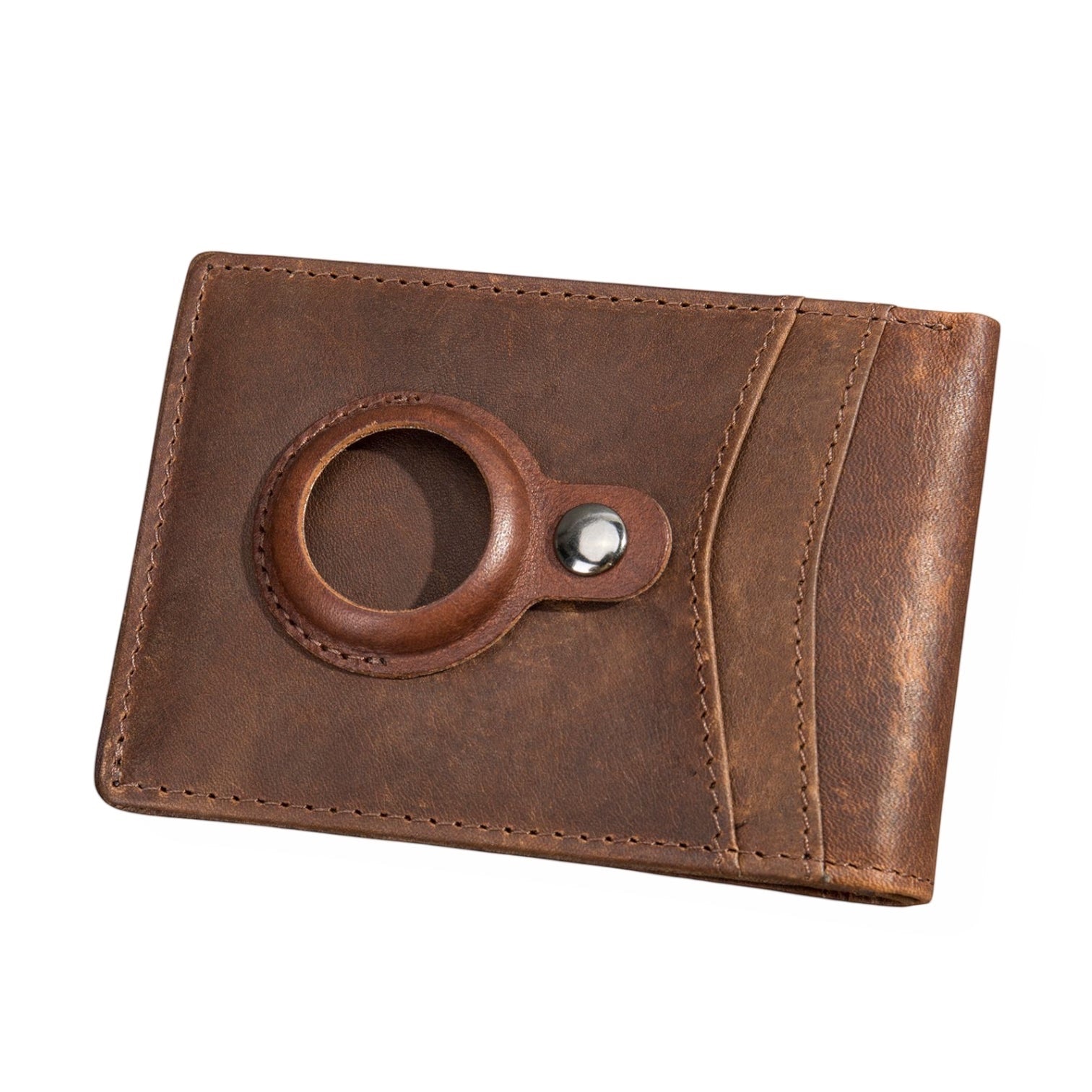 Barcon Getta Inc brown full grain leather compact card holder with 8 card slots, bill strap, and Air Tag slot.