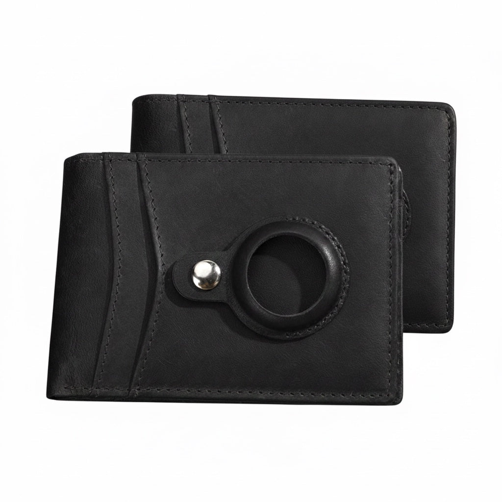 Barcon Getta Inc brown full grain leather compact card holder with 8 slots, bill strap, and Air Tag holder.