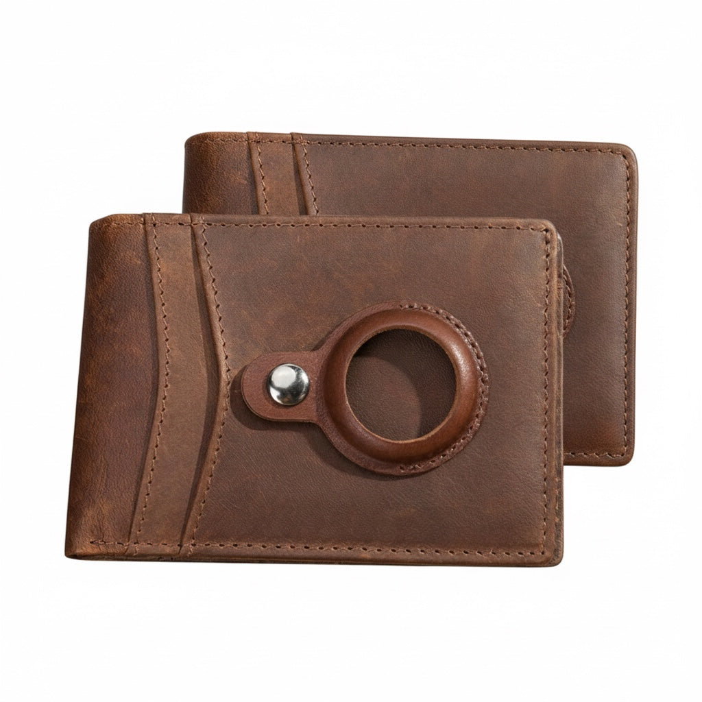 Barcon Getta Inc brown full grain leather compact card holder with 8 slots, 1 bill strap, and 1 Air Tag slot.