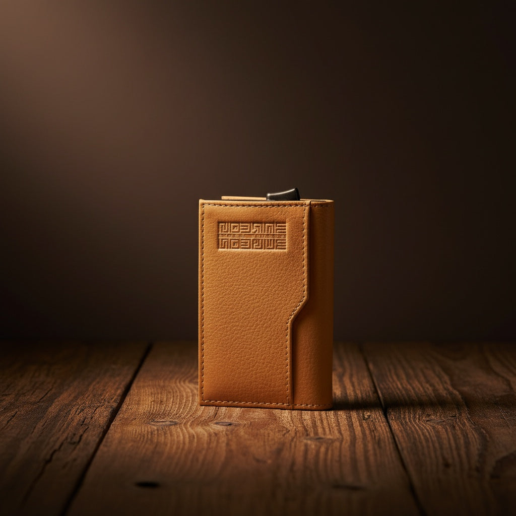 Barcon Getta Inc tan full grain Ethiopian calf leather card holder with embossed logo and metal clasp.