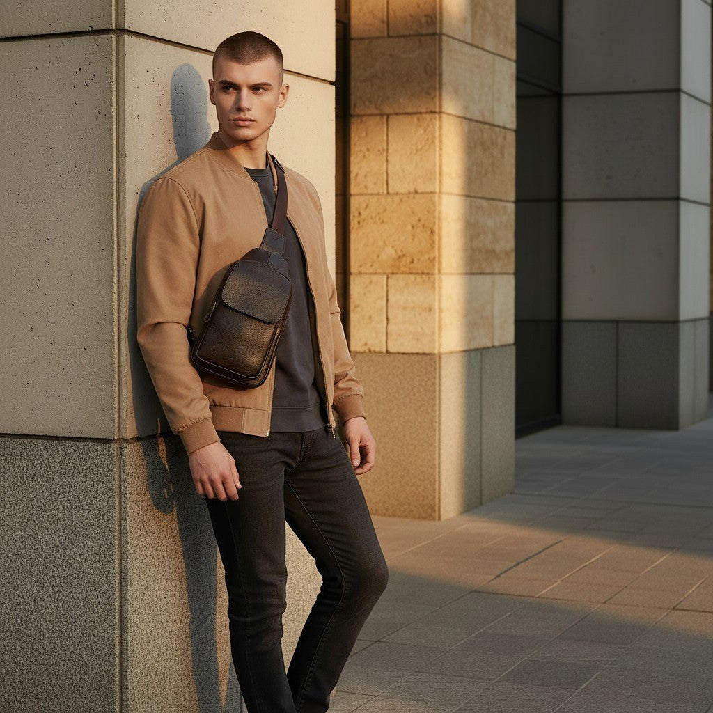 Barcon Getta Inc dark brown genuine leather RIDGELINE cross-body bag with adjustable strap worn by a man.