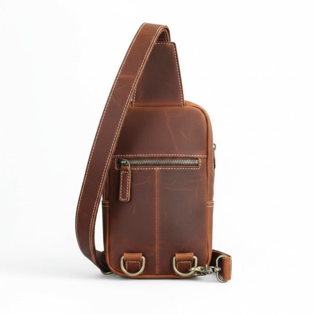 Barcon Getta Inc dark brown genuine leather cross-body bag with adjustable strap and multiple zippered compartments.