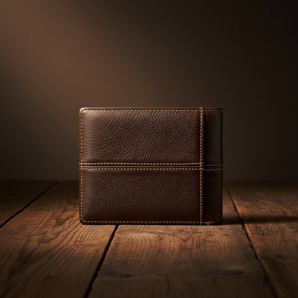 Barcon Getta Inc dark brown full grain leather wallet with 8 card slots, coin slot, bill compartments, ID window, and anti-theft swipe.
