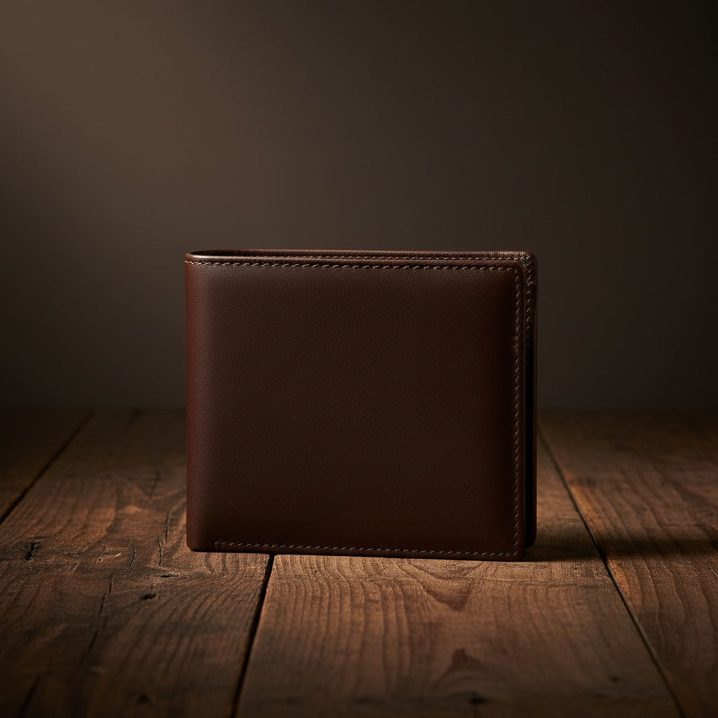 Barcon Getta Inc The Linear Fold brown full grain leather bi-fold wallet with 10 card slots and coin slot.