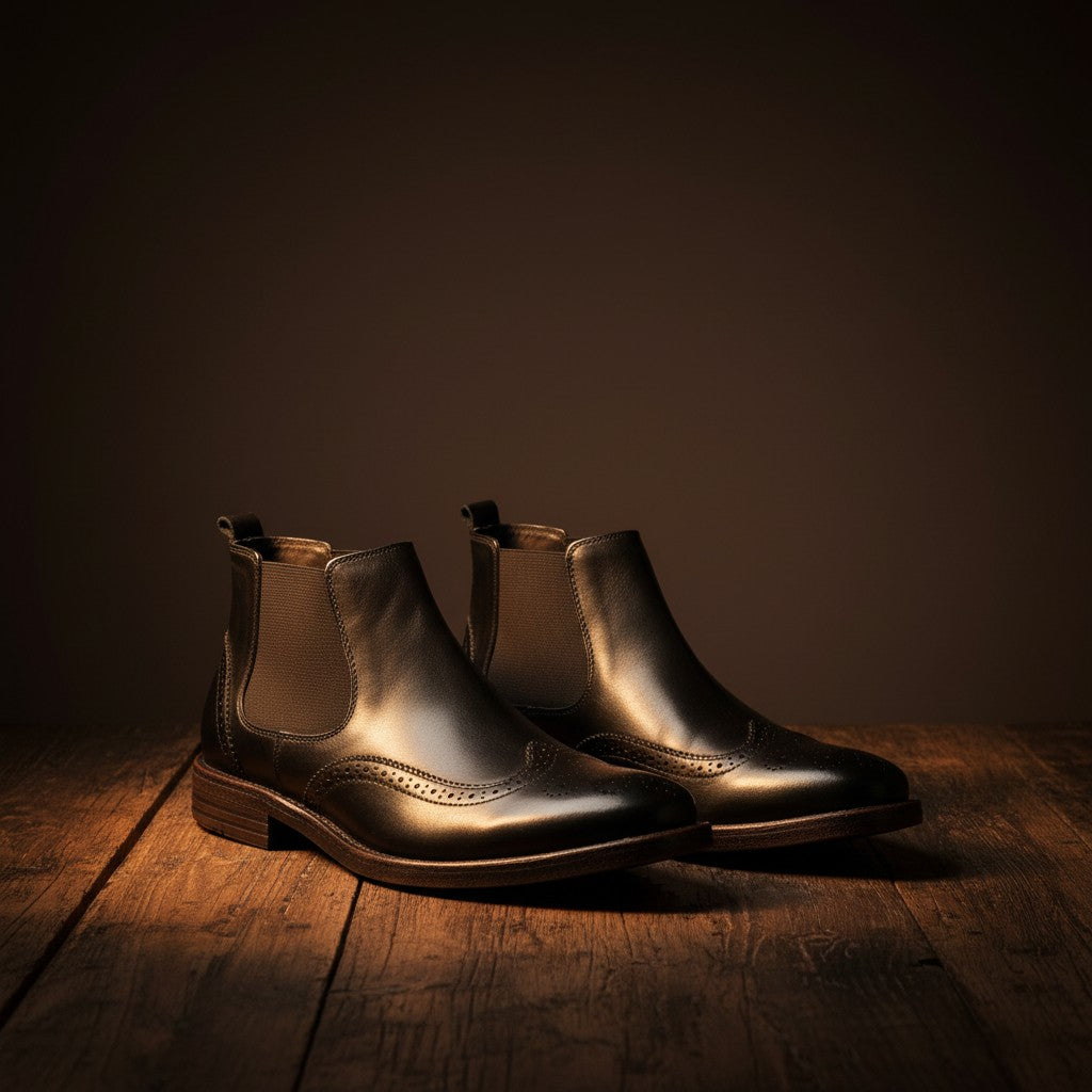Barcon Getta Inc LUANDA black full grain leather Chelsea boots with wingtip detailing and elastic side panels.