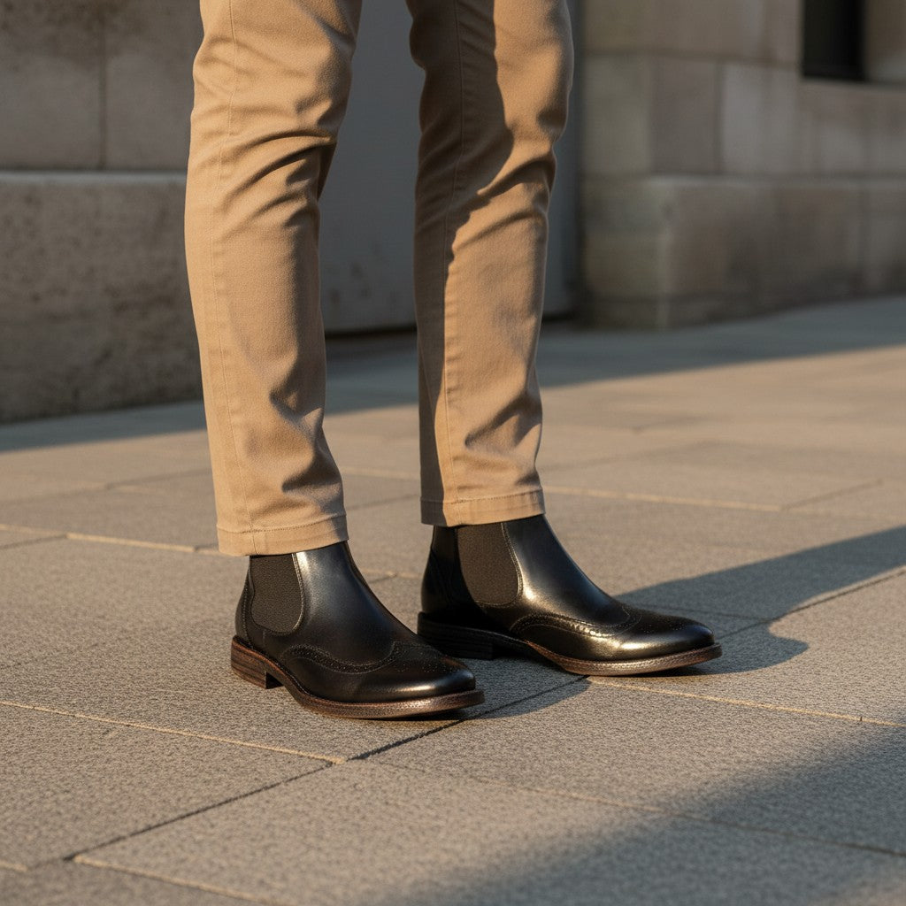 Barcon Getta Inc LUANDA black full grain leather Chelsea boots with brogue detailing and elastic side panels.