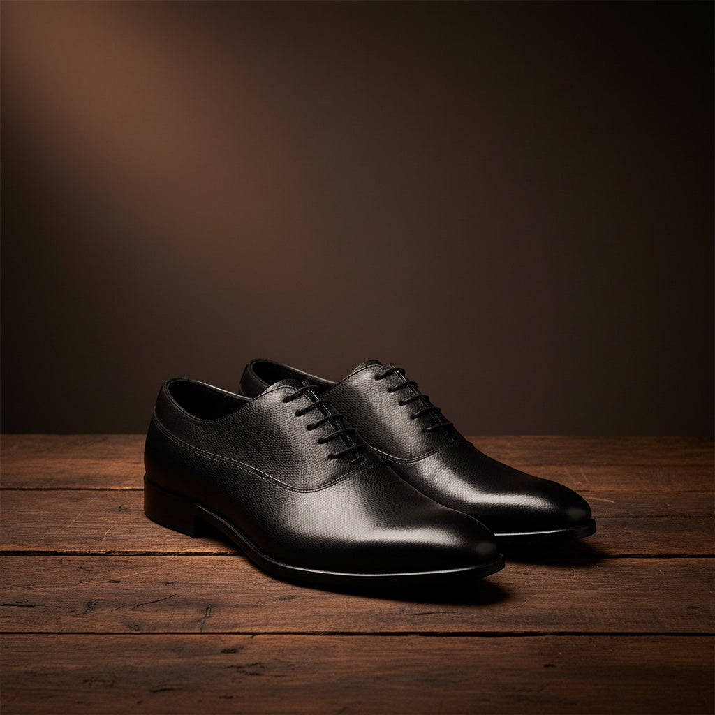 Barcon Getta Inc LUSAKA black full grain leather plain toe Oxford dress shoes with smooth vamp and pebbled quarter.
