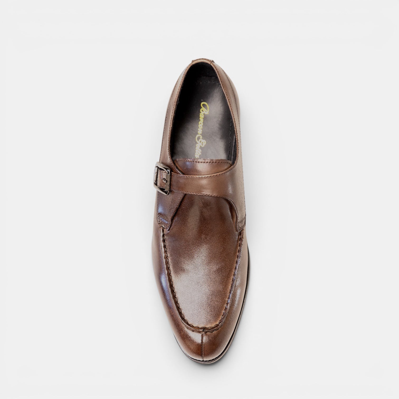 Barcon Getta Inc MA’EDO single monk strap dress shoes in warm mocha brown full grain leather with gold buckle and apron toe.