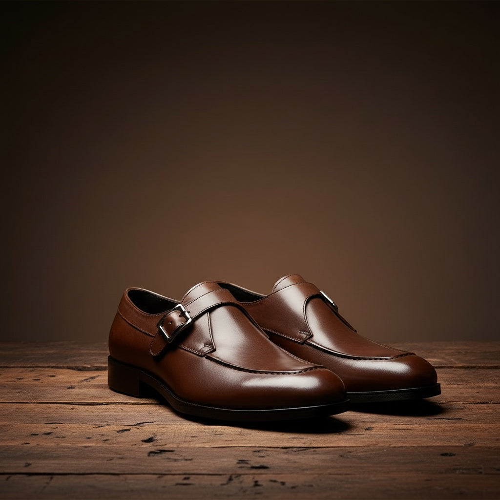 Barcon Getta Inc MAEDO single monk strap dress shoes in warm mocha brown full grain leather with gold buckle.